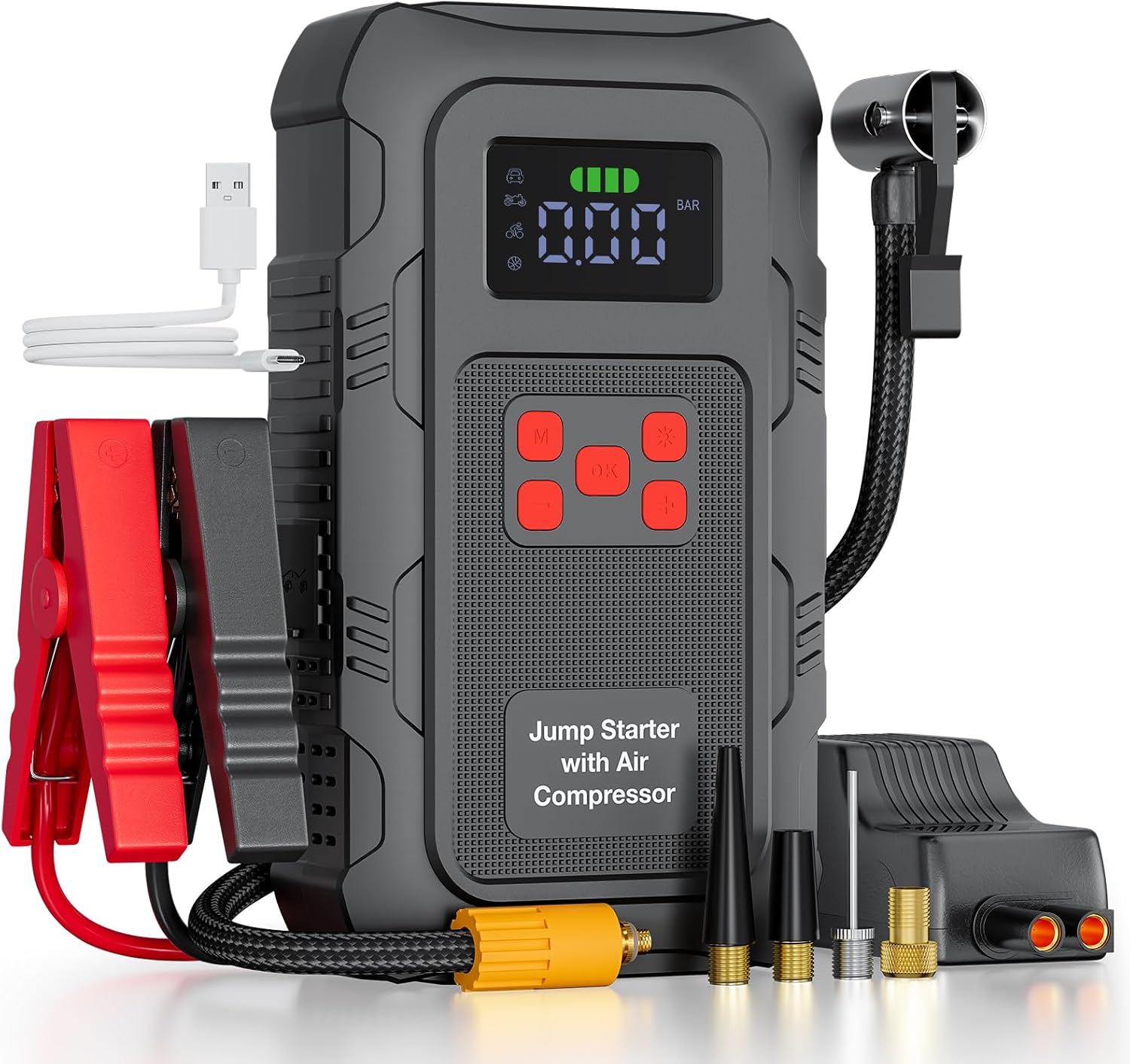 HPBS 6000A 12V portable jump starter with 150 PSI air compressor and LCD display in black